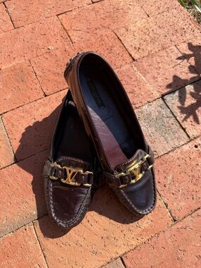 Dark Purple Patent Leather Loafers with Gold LV Buckle